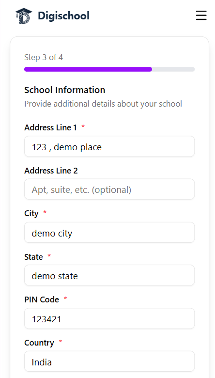 Step 3 of 4 — School address and location details